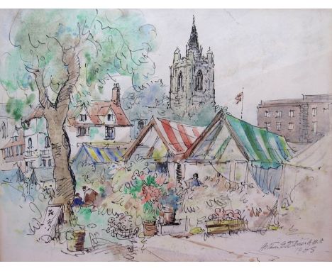 ARTHUR E. DAVIES R.B.A  R.C.A (1893-1988) A framed and glazed watercolour sketch of Norwich Market. Signed bottom right and d