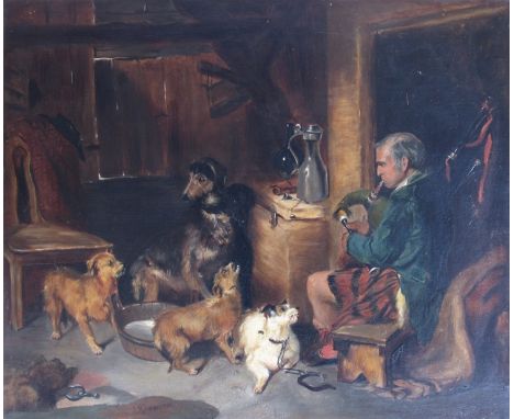 GEORGE HILLYARD SWINSTEAD (1860-1926) A gilt framed oil on canvas, Scotsman playing bagpipes joined by three terriers and a h