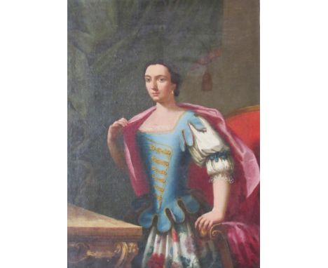 An 18th Century Continental oil on canvas set in an ornate gilt frame, portrait of a lady in classical robes. Unsigned. (Re-l