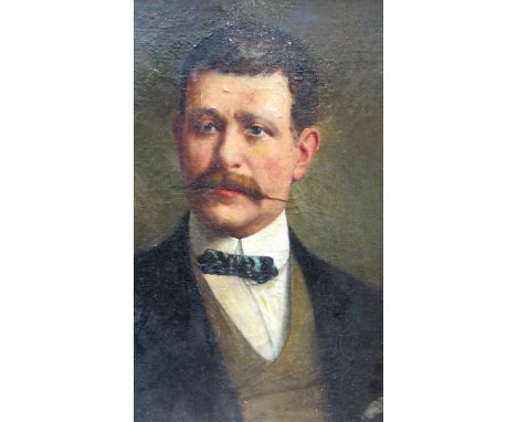 A gilt framed oil on canvas laid on to board, Victorian school bust length portrait of a gentleman with a moustache. (Split t