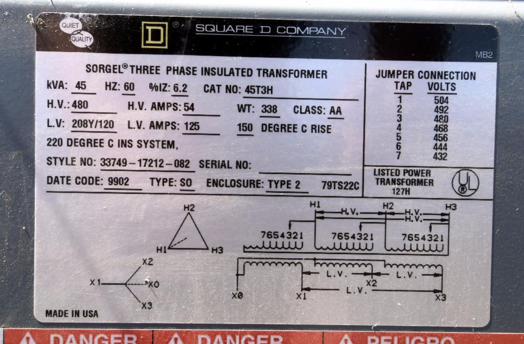 LOT: (1) Square D 45 KVA transformer, Catalog# 45T3H, style 33749-17212 ...