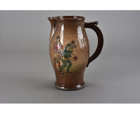 A Royal Doulton Series ware jug, depicting Sir Walter Raleigh playing bowls as the Armada comes into view, with silver foot r