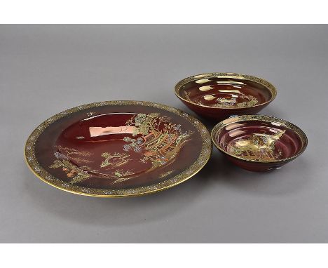 Four pieces of Carltonware Rouge Royale, including a circular charger 36.5 cm dia., plus two concentric ribbed dishes, and a 