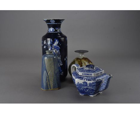 A Copeland Spode blue and white Auld Lang Syne hexagonal shaped teapot, a Staffordshire Chinoiserie style vase, and two items