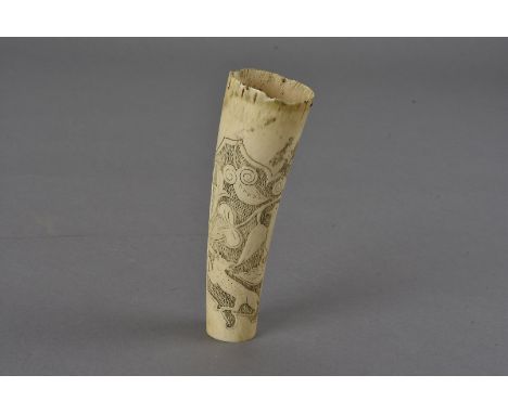 An eastern ivory hunting flask, with incise carved hunting scene with dogs amongst forest with figures and bird 13 cm L 