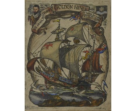 By and after Isobel Saul (1895-1982), hand coloured etching Sir Francis Drake's The Golden Hind on which he sailed around the