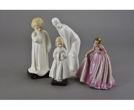 A collection of Royal Doulton figures, including Darling and Bedtime, as well as a Cricketer rom the Images series, and a Roy