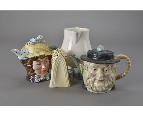 Two Beswick character tea pots, Dolly Varden and Peggotty, plus Carltonware Lustre Pottery novelty egg cups, sugar bowl, milk