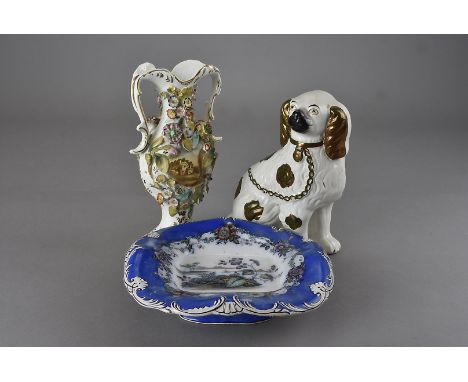 A collection of English and European pottery and porcelain, including a floral painted Royal Worcester comport, a powder blue