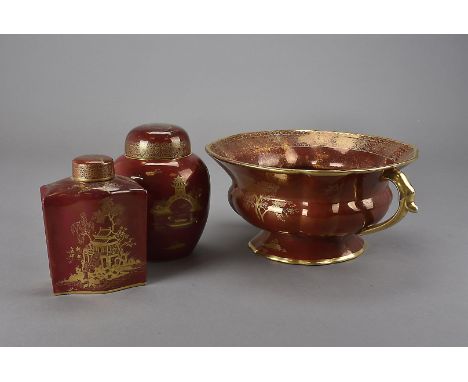 A Carltonware Rouge Royale tea caddy, ginger jar and cover, and campagna vase, all with gilt pagoda decoration 16 cm H and sm
