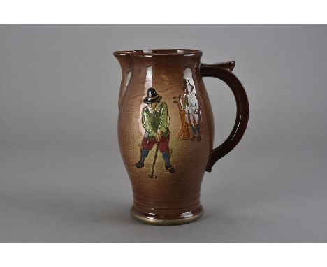 A Royal Doulton Golfing jug, moulded in low relief with figures playing golf, with silver foot rim marked 800 and with printe