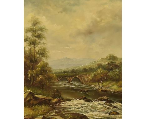 K. Lytton (20th century), oil on canvas figural landscape of a Lakeland bridge, the figures in Edwardian dress, signed lower 