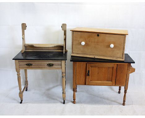 A pine blanket box, with ceramic handles, together with two marble topped wash stands (3) 