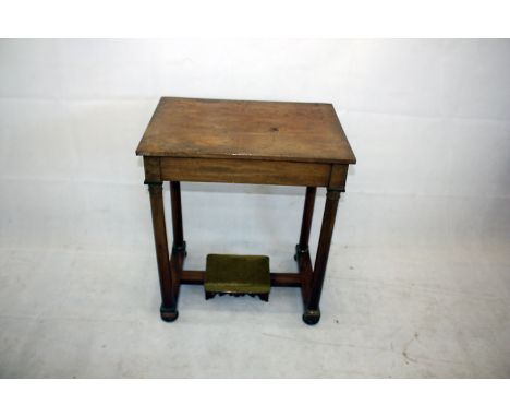 A regency walnut veneered four column console table, with hinged top to reveal a fitted interior and associated footstool to 