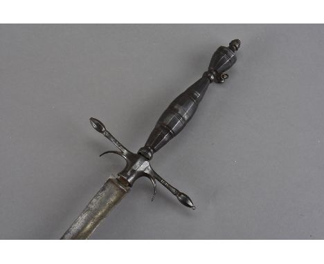 An early 19th Century court sword, the triangular blade possibly earlier with steel ovoid handle, curved quinials, faceted po