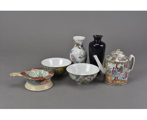 A collection of oriental porcelain, including a Japanese porcelain tea strainer on stand, a hardstone banzai tree in cloisonn