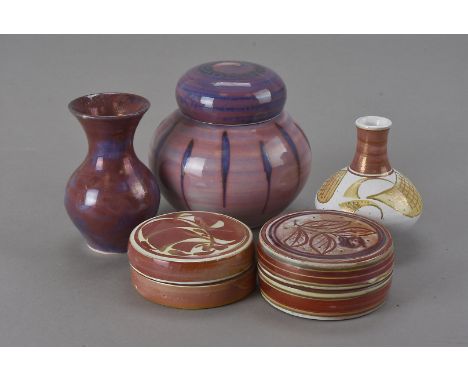 A group of Aldermaston Pottery, including two pots with covers, a jar and cover, a small baluster vase 11 cm H, and an Alan C