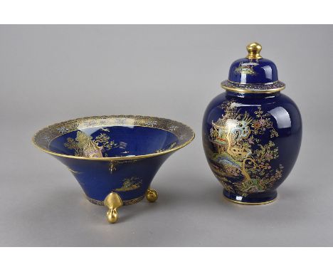 A group of Carltonware pagoda pattern ceramics, including a jar and cover, a flared bowl, a lobed dish, a concentric ribbed d