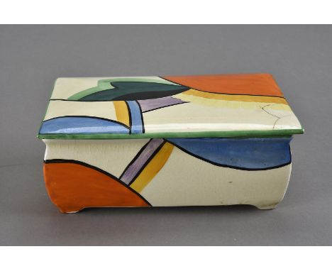 A Clarice Cliff style Art Deco ceramic box and cover, having brightly coloured decoration, marked 7034 to base, on four small