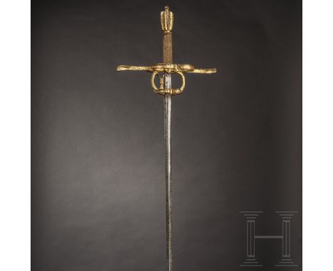 Höfisches Rapier mit vergoldetem Gefäß, deutsch, um 1600/10  Schlanke zweischneidige Stichklinge mit rautenförmigem Querschni