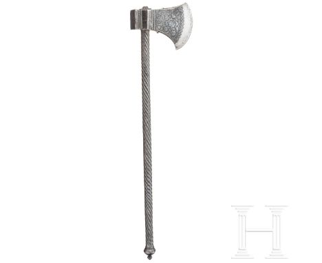 Silbertauschierte Streitaxt (Tabar), Indien, um 1800  Kräftiger Axtkopf mit gekrümmter Schneide, rückseitig quadratischer Ham