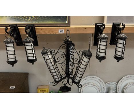 A Wrought iron art deco style ceiling light &amp; 4 wall lights