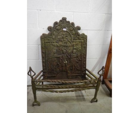 A period cast iron fire grate with fire back (back cracked) COLLECT ONLY.