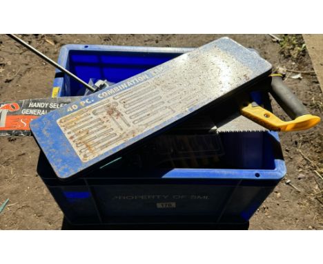 A plastic tub with tools including tap &amp; die set