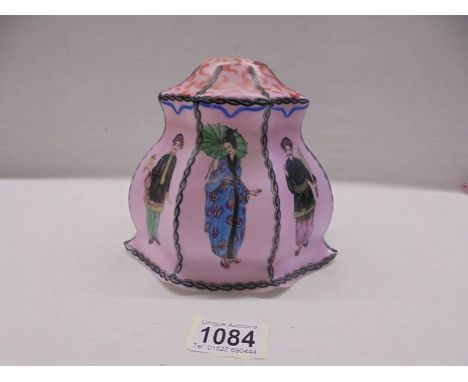 A hand painted Czeckoslovakian glass lamp shade decorated with figures in Chinese costume.