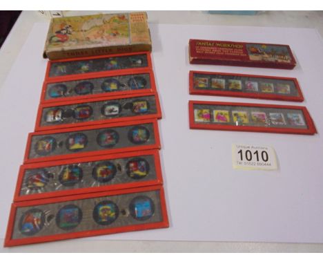Two sets of circa 1930's Walt Disney lantern slides, Santa's Workshop and The Three Little Pigs.