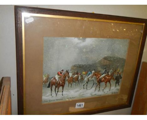 A framed and glazed study of The Grand National horse race.Print, no paperwork. Signed but first name is indistinct, surname 