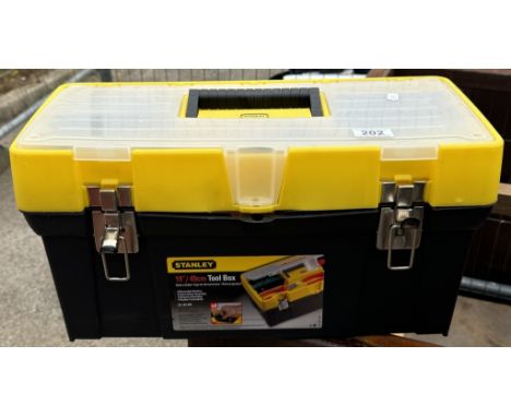 A Stanley 19" toolbox with an assortment of tools
