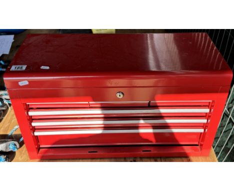 A red metal tool case with various tools