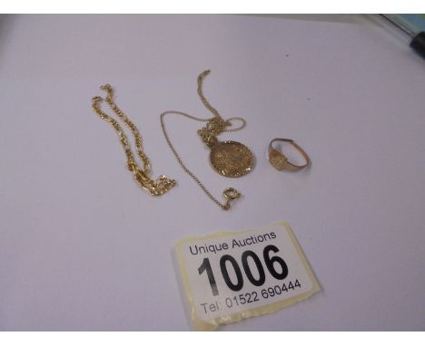 A 9ct gold St. Christopher on chain, a 9ct gold bracelet and an a/f ring. 5.5 grams.