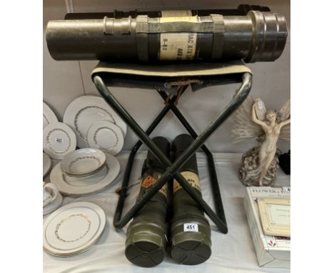 Two pairs of artillery shell tubes &amp; an army canvas folding stool