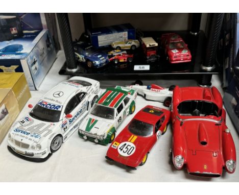 A box of loose mixed scale and maker diecast and plastic vehicles including Hornby Hobbies slot cars
