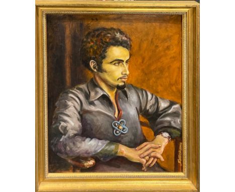 A gilt framed oil on board portrait 'The Amulet' by Daniel Fallshaw. Frame size 59 x 70cm.