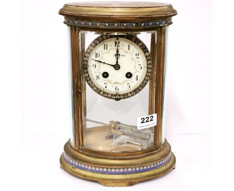 An early 20th C oval four glass and cloisonne decorated mercury pendulum clock, H. 29cm.