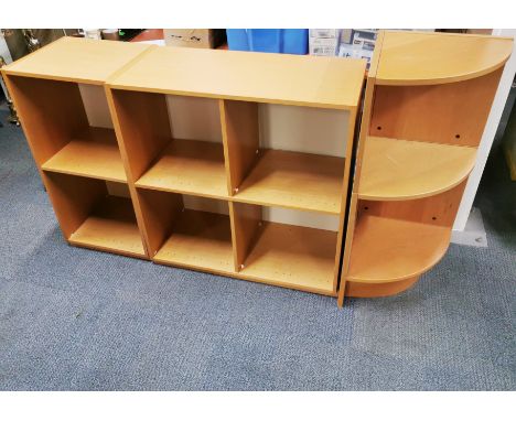 Two teak effect bookshelves together with a corner shelf, largest 88 x 85 x 39cm and a further single teak effect cupboard.