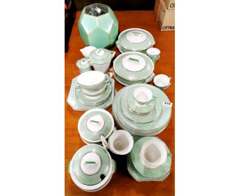 An extensive quantity of Palissy ware Art Deco part dinner and coffee set together with an Art Deco glass vase.