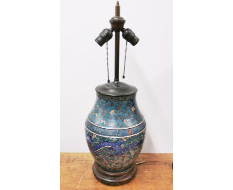 A mid-20th C Chinese hand painted porcelain vase mounted as a table lamp, H. 67cm.