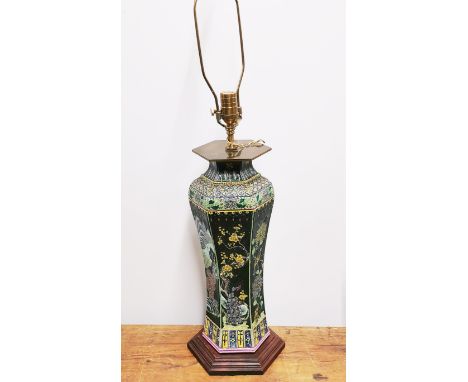 A mid-20th C Chinese porcelain hexagonal vase mounted as a table lamp, overall H. 89cm.