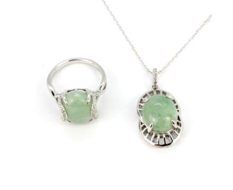 A 925 silver and jade pendant and chain, chain L. 40cm, together with a similar 925 silver and jade ring.