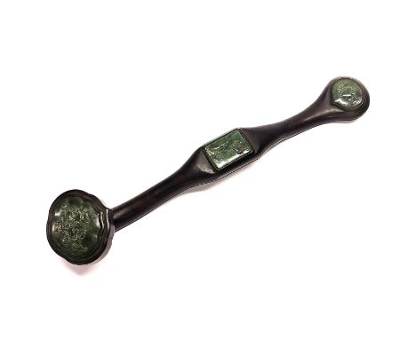 A Chinese hardwood Ruyi sceptre inset with jade panels, L. 50cm.
