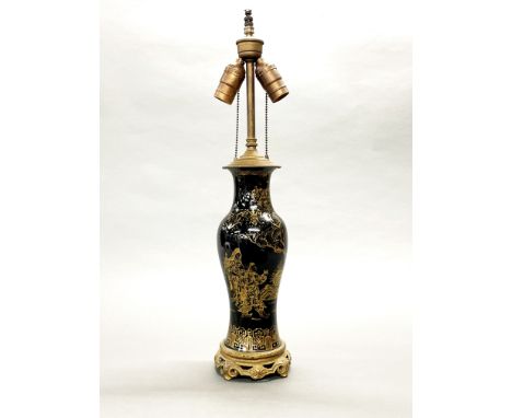 An early Chinese black glazed and gilt porcelain vase mounted c.1920 as a table lamp, overall H. 58cm.