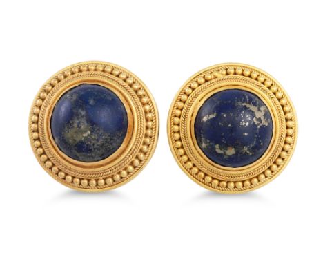 A PAIR OF VINTAGE LAPIS LAZULI EARRINGS, to gold beaded surrounds, (surround tests as 21ct)