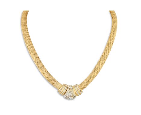 A VINTAGE CHRISTIAN DIOR NECKLACE, mesh link to a central diamanté plaque, signed, c 1950s