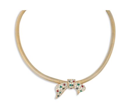 A VINTAGE NECK PIECE, the flattened snake link chain set with a central diamanté bow shaped panel, c 1950s