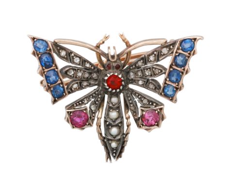 A VINTAGE DIAMOND, SAPPHIRE, RUBY AND SEED PEARL BUTTERFLY BROOCH, set with old cut diamonds, sapphires, rubies and seep pear