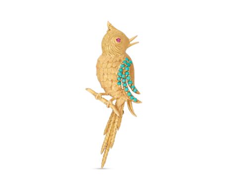 A VINTAGE 18CT GOLD NOVELTY BROOCH, modelled as a parakeet, set with turquoise and ruby, textured gold detail, 10.3 g.